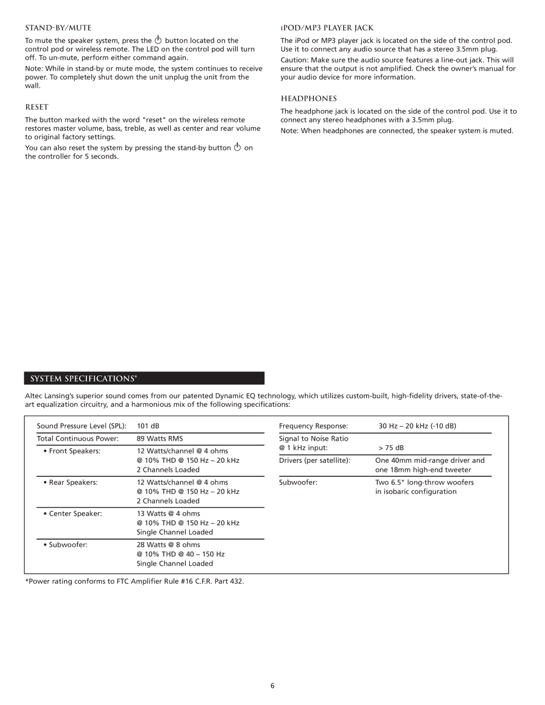 Altec Lansing FX5051 manual Stand-By/Mute, Reset, IPOD/MP3 Player Jack, Headphones, System Specifications 