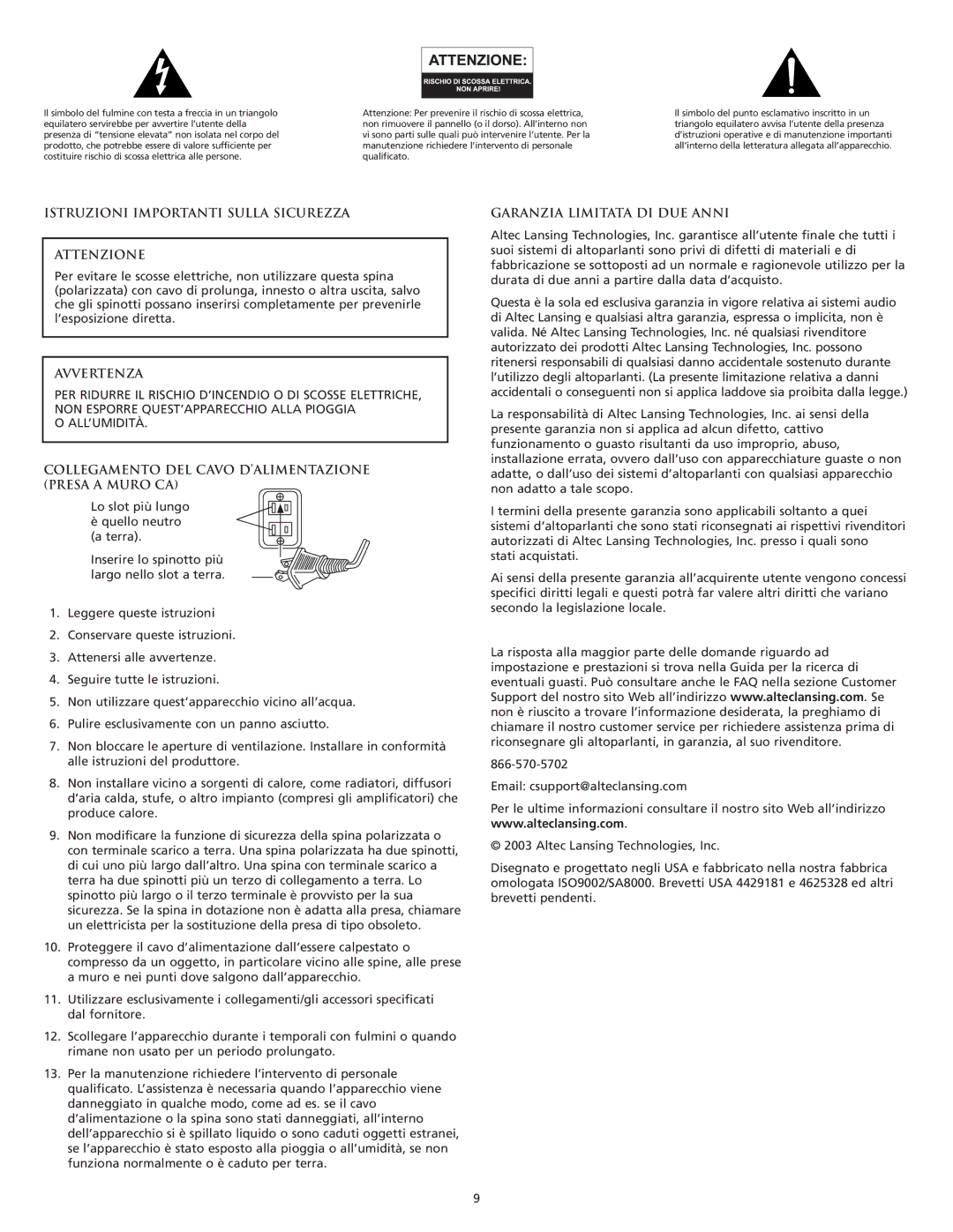 Altec Lansing FX6021 manual Istruzioni Importanti Sulla Sicurezza Attenzione, Avvertenza, Garanzia Limitata DI DUE Anni 
