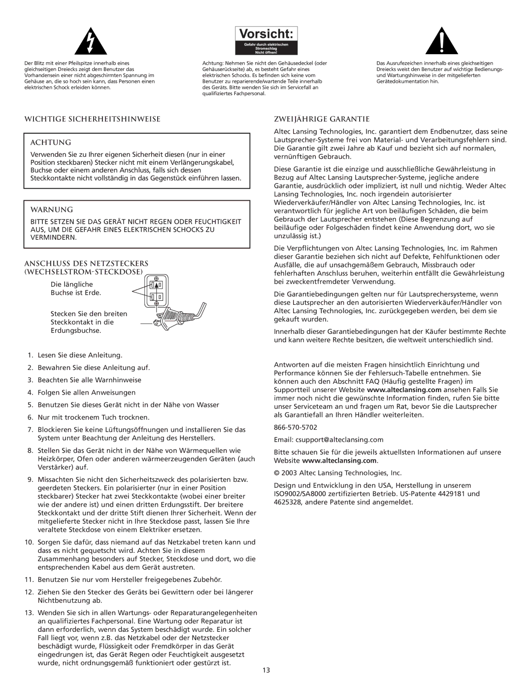 Altec Lansing FX6021 Wichtige Sicherheitshinweise Achtung, Warnung, Anschluss DES Netzsteckers WECHSELSTROM-STECKDOSE 