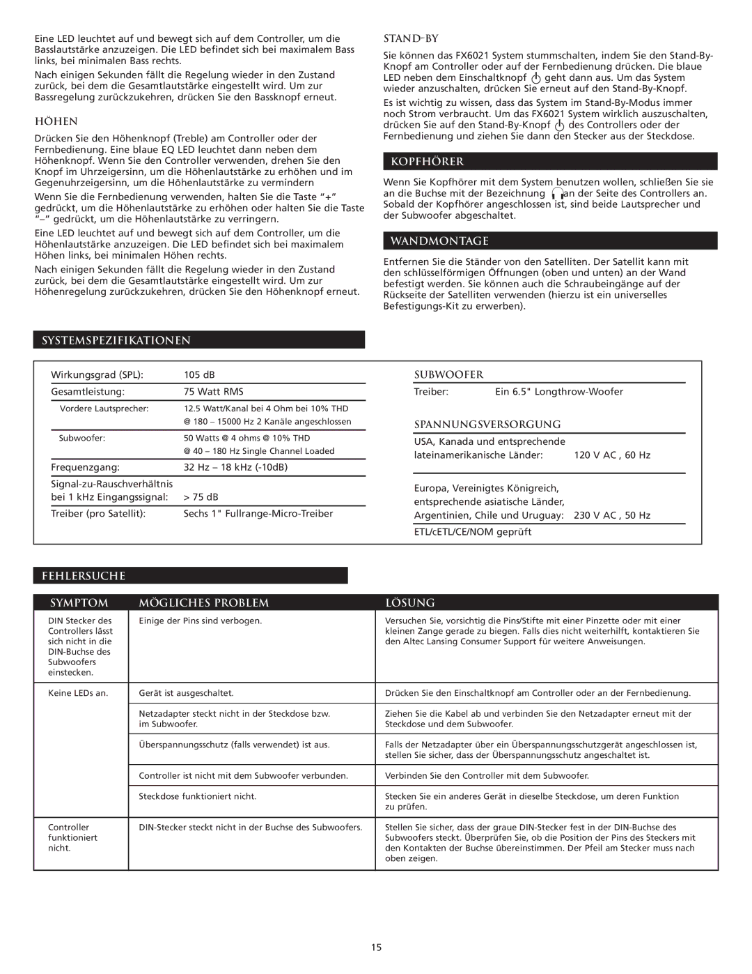 Altec Lansing FX6021 manual Kopfhörer, Wandmontage, Systemspezifikationen, Fehlersuche Symptom Mögliches Problem Lösung 