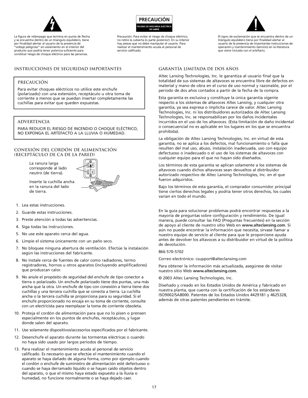 Altec Lansing FX6021 manual Instrucciones DE Seguridad Importantes Precaución, Advertencia, Garantía Limitada DE DOS Años 