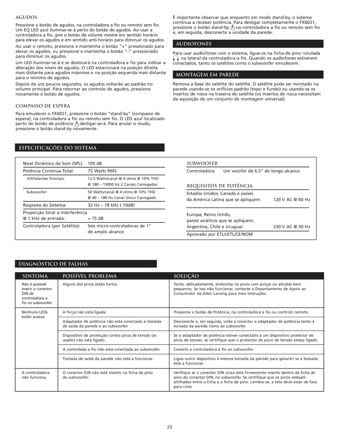 Altec Lansing FX6021 manual Audiofones, Montagem EM Parede, Especificações do Sistema 