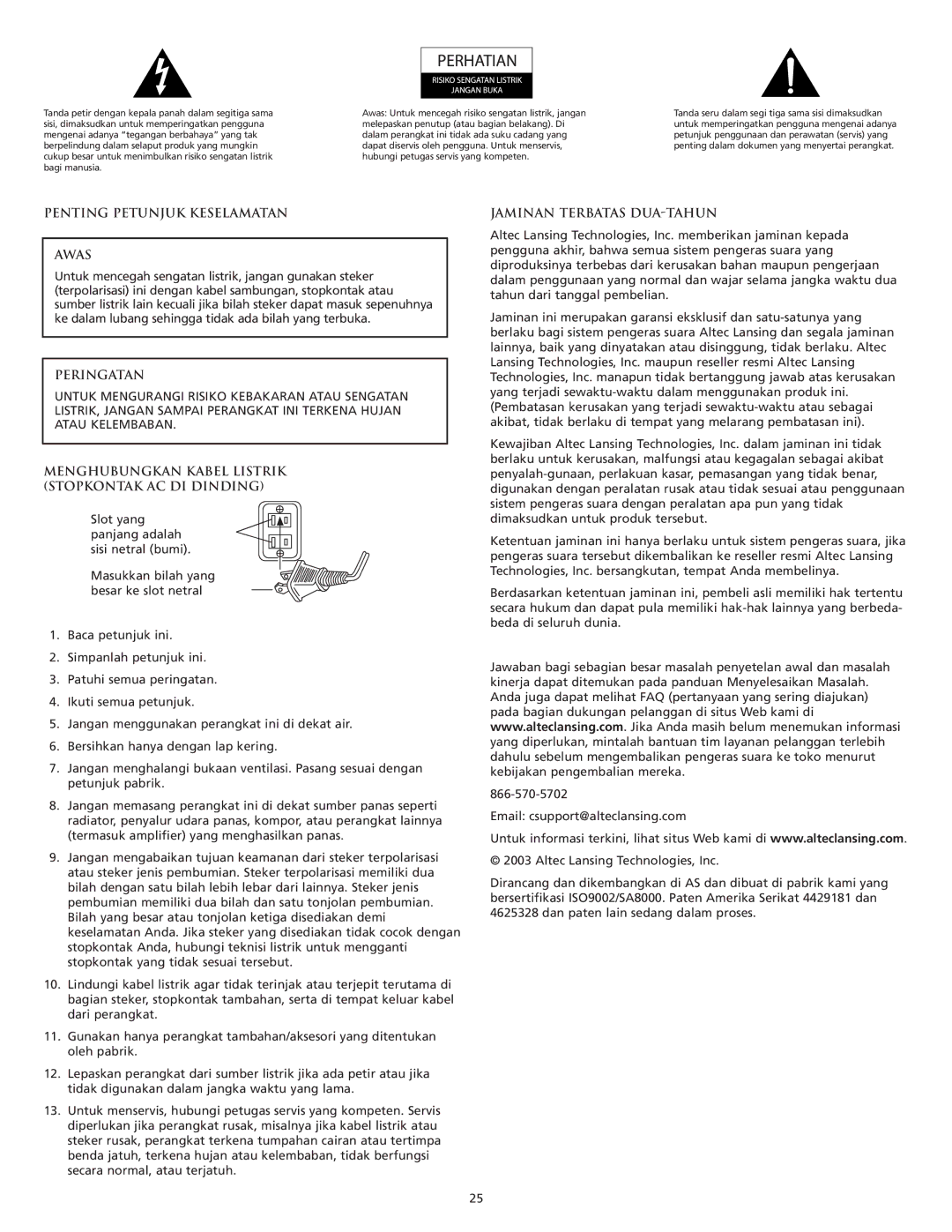 Altec Lansing FX6021 Penting Petunjuk Keselamatan Awas, Peringatan, Menghubungkan Kabel Listrik Stopkontak AC DI Dinding 