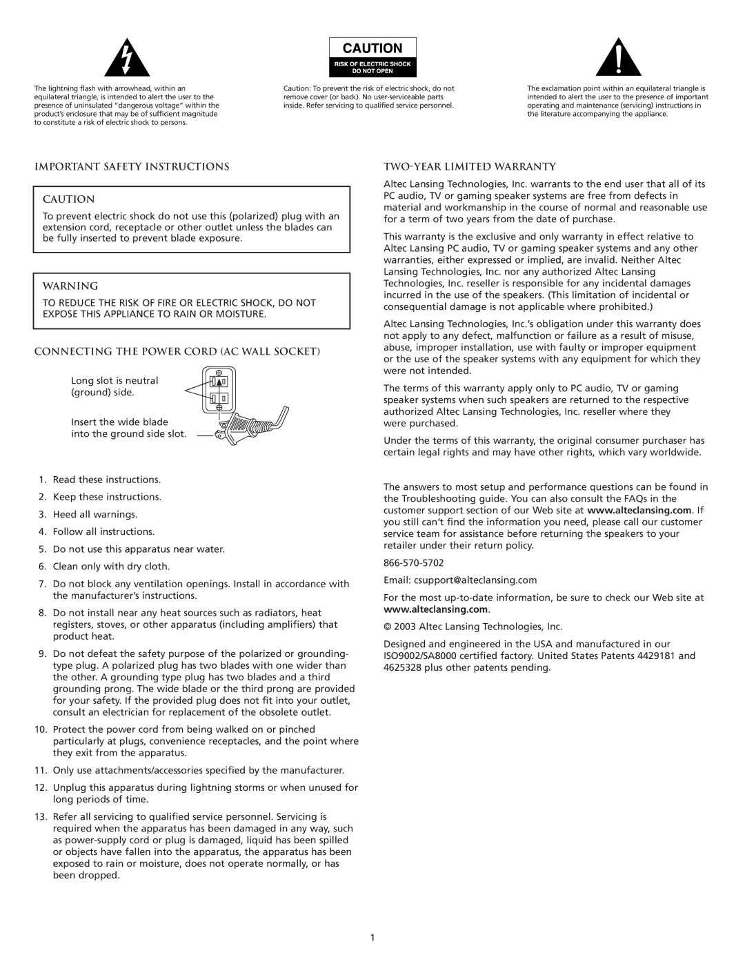 Altec Lansing FX6021 Important Safety Instructions, Connecting the Power Cord AC Wall Socket, TWO-YEAR Limited Warranty 