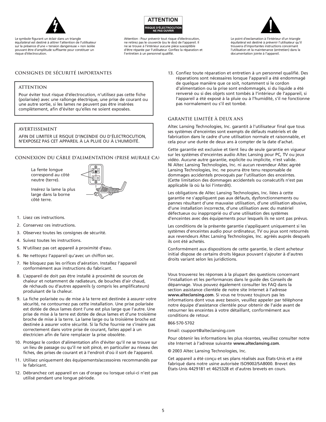 Altec Lansing FX6021 Consignes DE Sécurité Importantes, Avertissement, Connexion DU Câble D’ALIMENTATION Prise Murale CA 