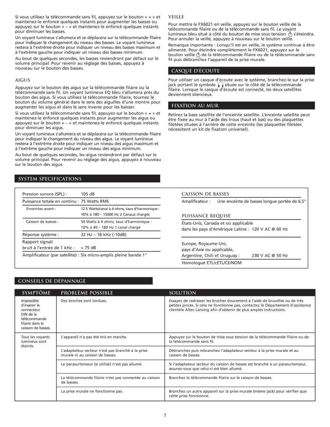 Altec Lansing FX6021 manual Casque D’ÉCOUTE, Fixation AU MUR, Conseils DE Dépannage Symptôme Problème Possible Solution 