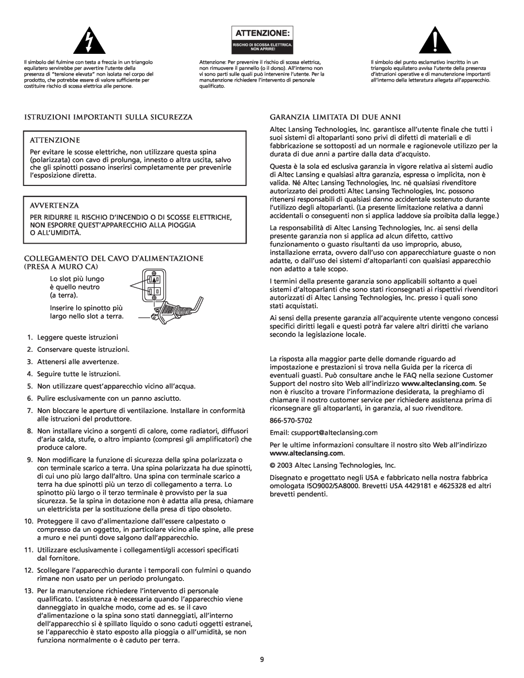 Altec Lansing FX6021 manual Istruzioni Importanti Sulla Sicurezza Attenzione, Avvertenza, Garanzia Limitata Di Due Anni 