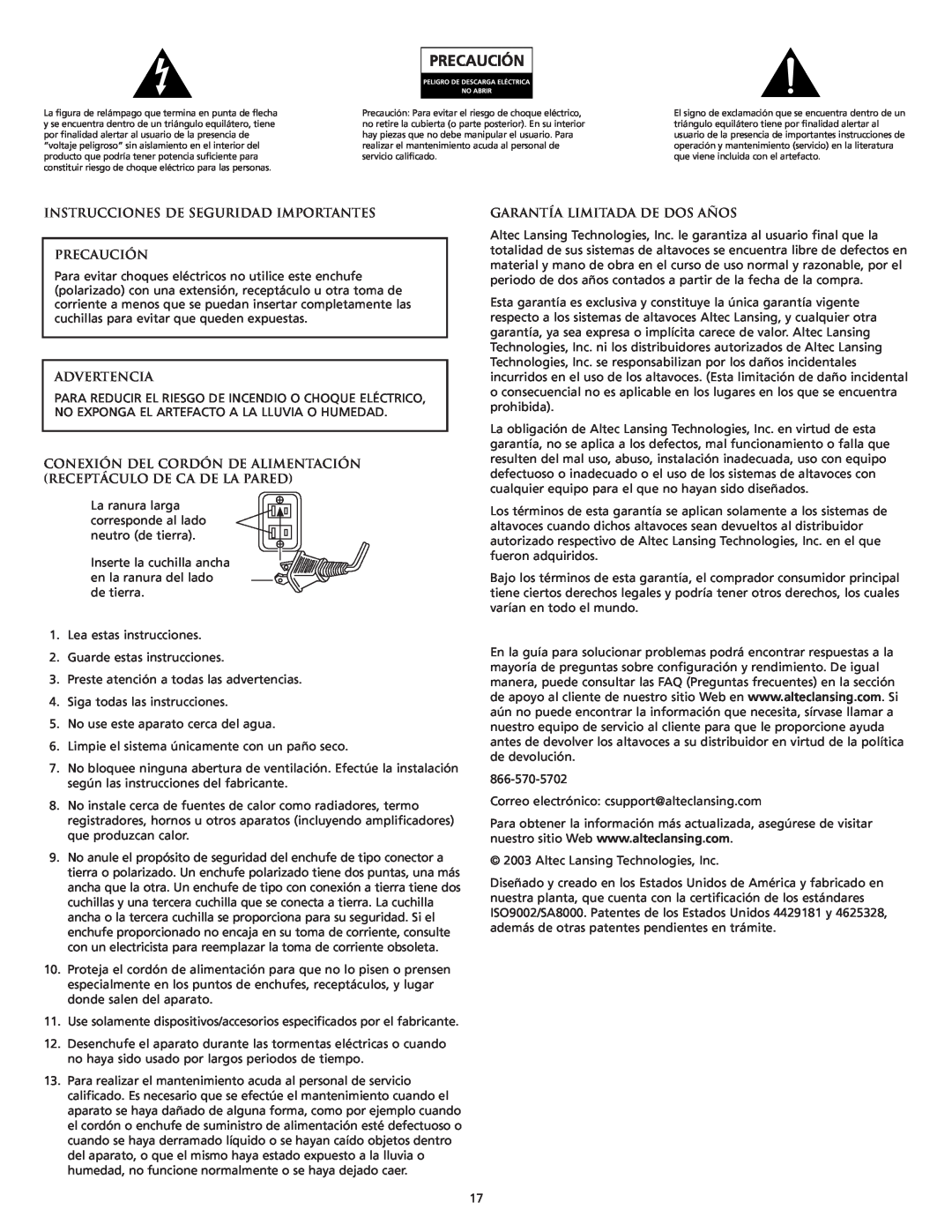 Altec Lansing FX6021 manual Instrucciones De Seguridad Importantes Precaución, Advertencia, Garantía Limitada De Dos Años 