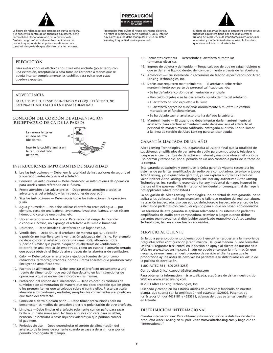 Altec Lansing GT5051 manual Precaución, Advertencia, Instrucciones Importantes DE Seguridad, Garantía Limitada DE UN AÑO 