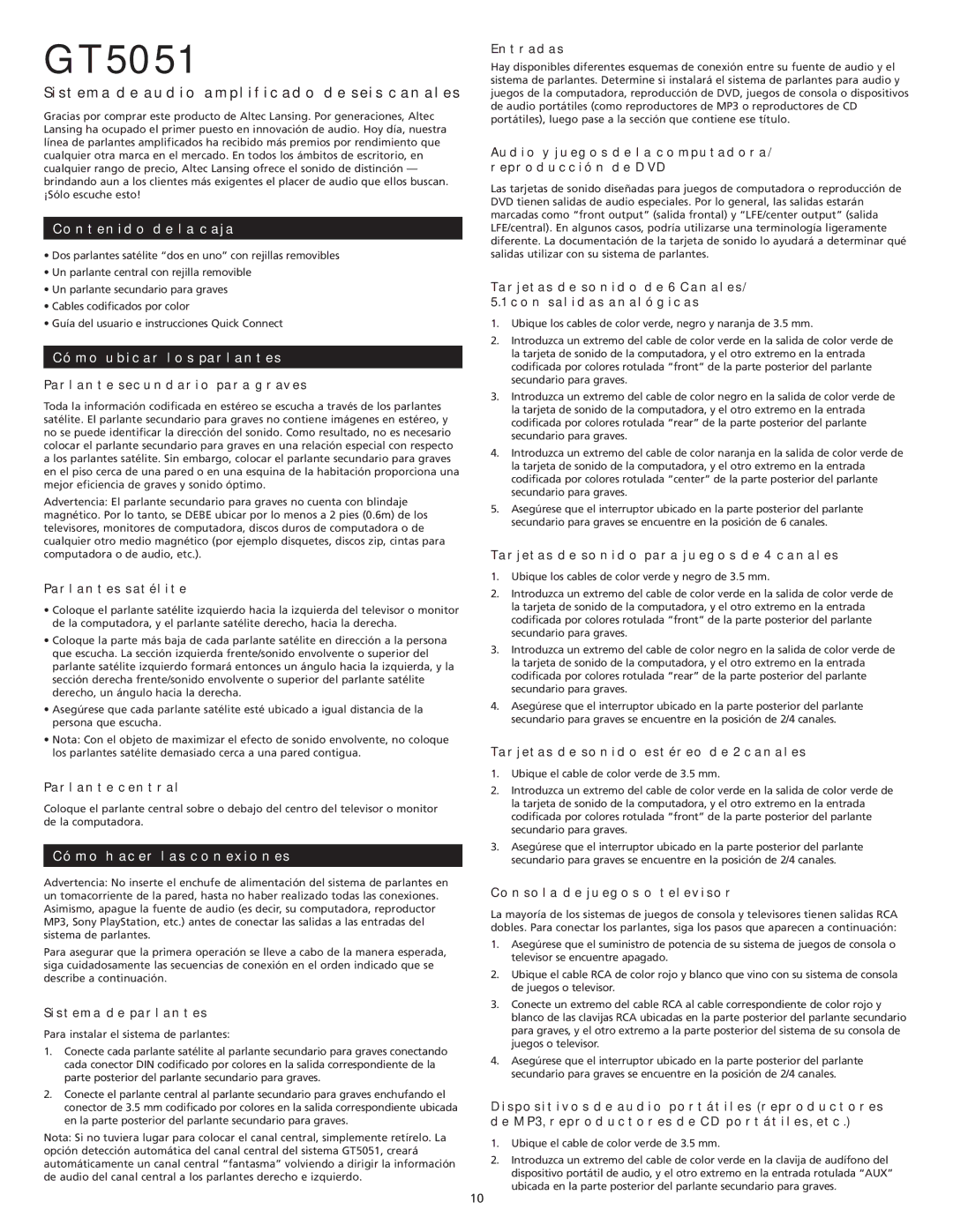 Altec Lansing GT5051 manual Contenido DE LA Caja, Cómo Ubicar LOS Parlantes, Cómo Hacer LAS Conexiones 