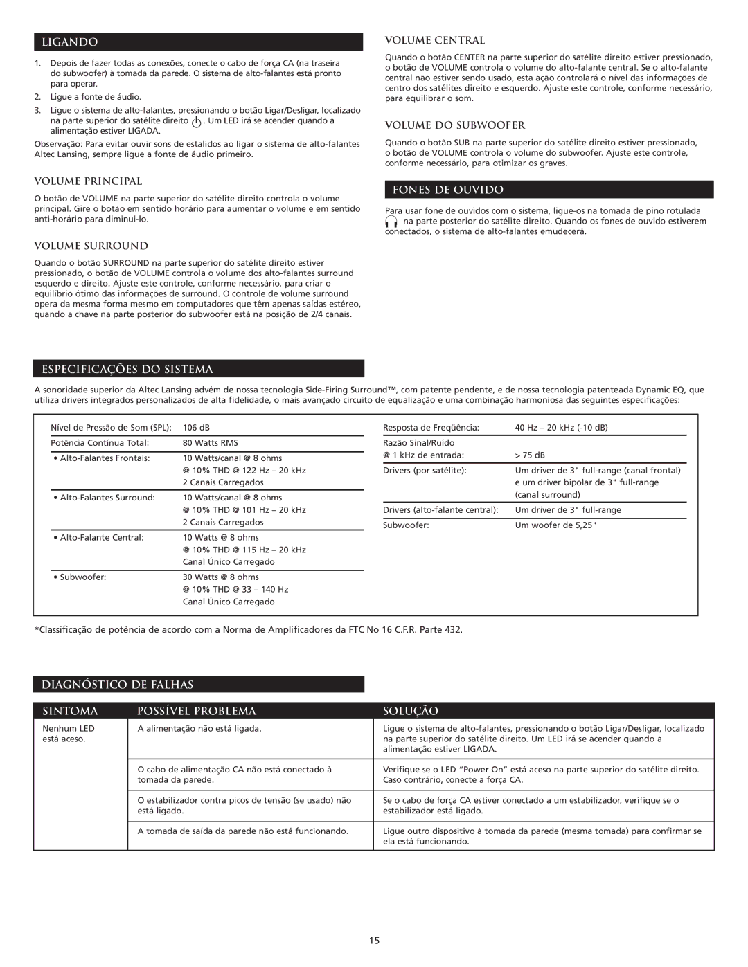 Altec Lansing GT5051 manual Ligando, Fones DE Ouvido, Especificações do Sistema 