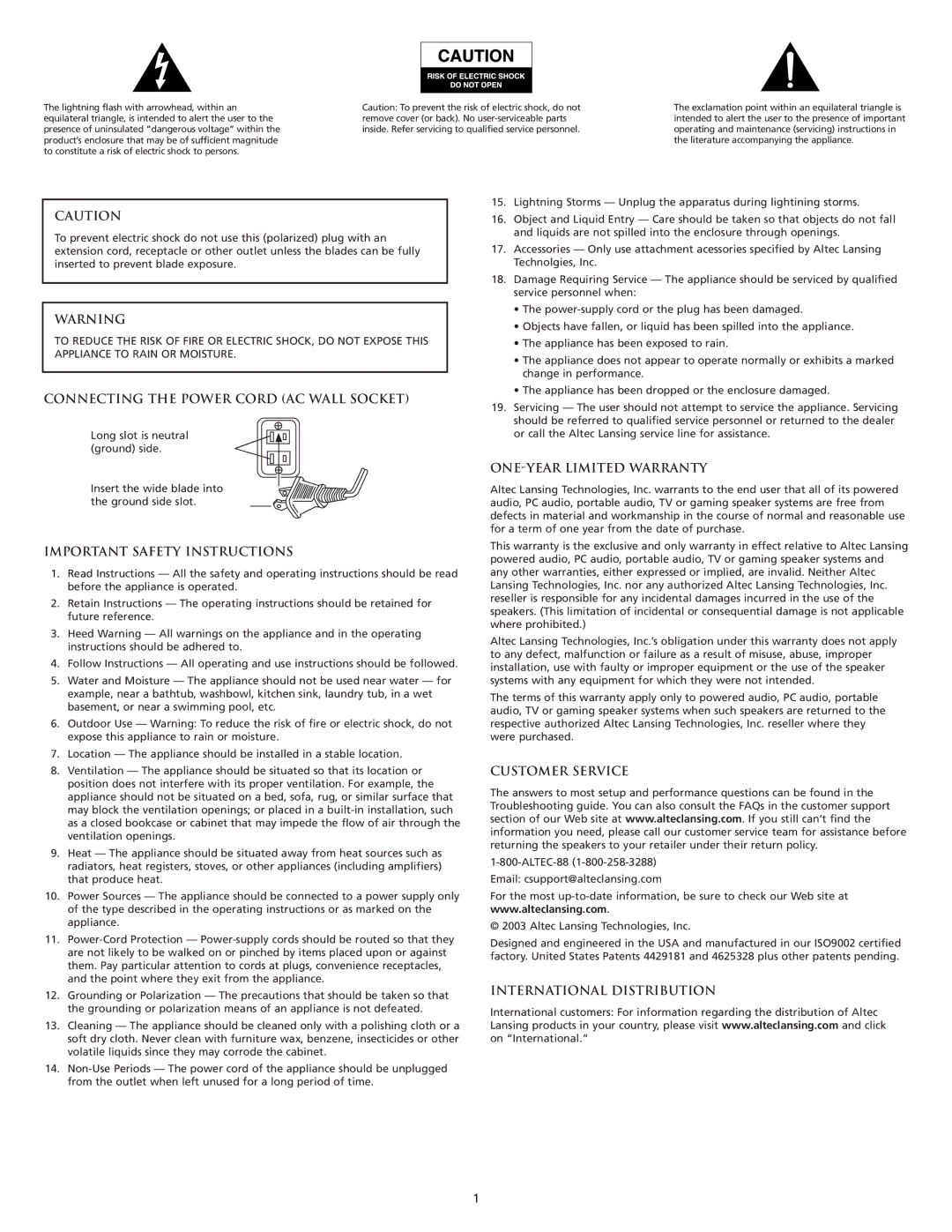 Altec Lansing GT5051 Connecting the Power Cord AC Wall Socket, Important Safety Instructions, ONE-YEAR Limited Warranty 