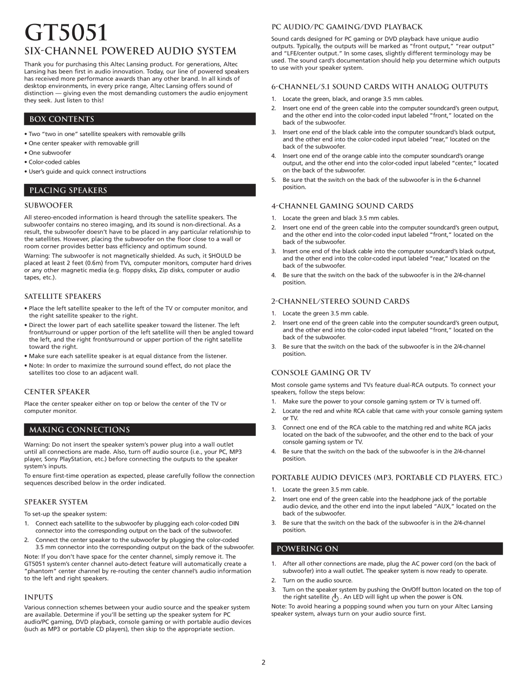 Altec Lansing GT5051 manual BOX Contents, Placing Speakers, Making Connections, Powering on 
