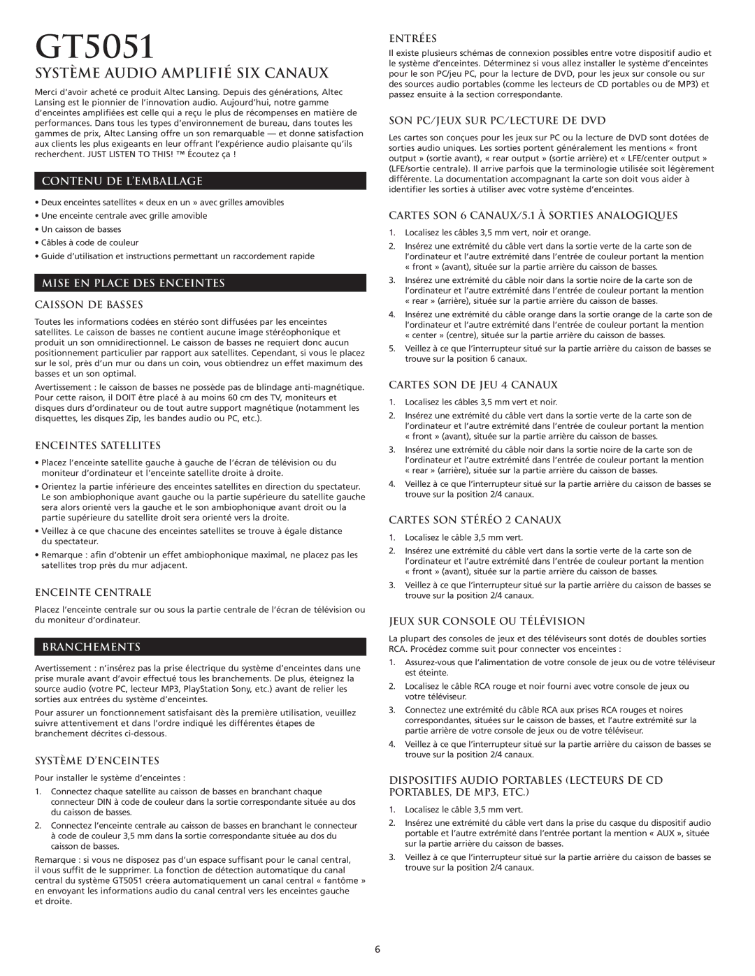 Altec Lansing GT5051 manual Contenu DE L’EMBALLAGE, Mise EN Place DES Enceintes, Branchements 