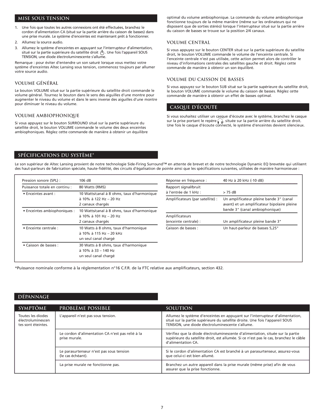 Altec Lansing GT5051 manual Mise Sous Tension, Casque D’ÉCOUTE, Spécifications DU Système 