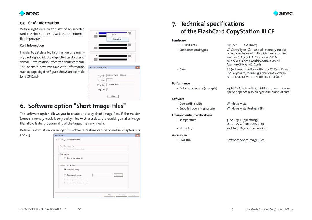 Altec Lansing Technical specifications FlashCard CopyStation III CF, Software option Short Image Files 