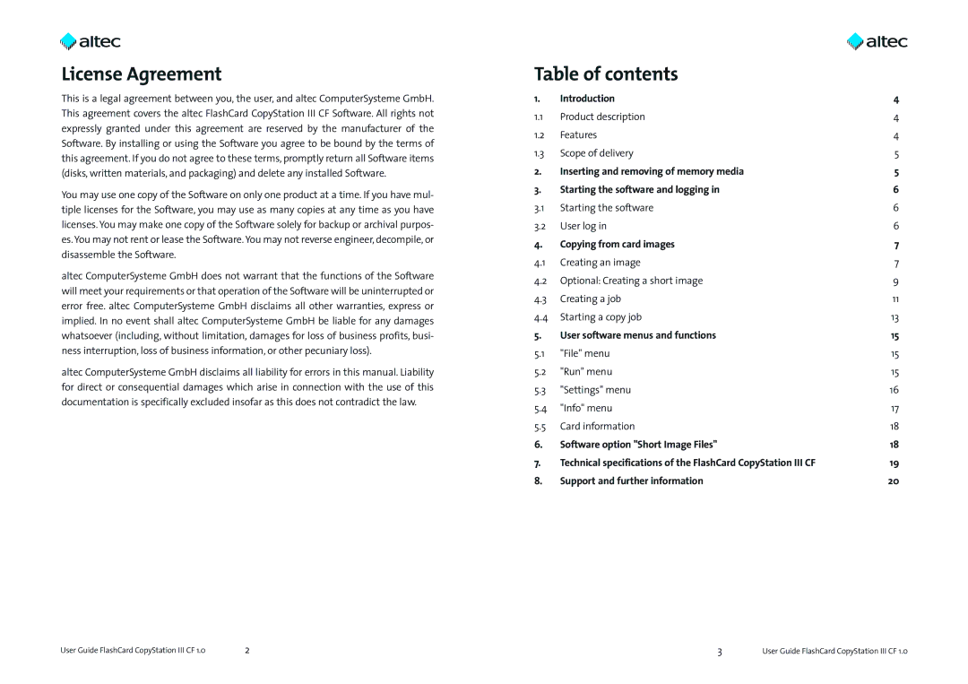 Altec Lansing III CF specifications License Agreement, Table of contents 