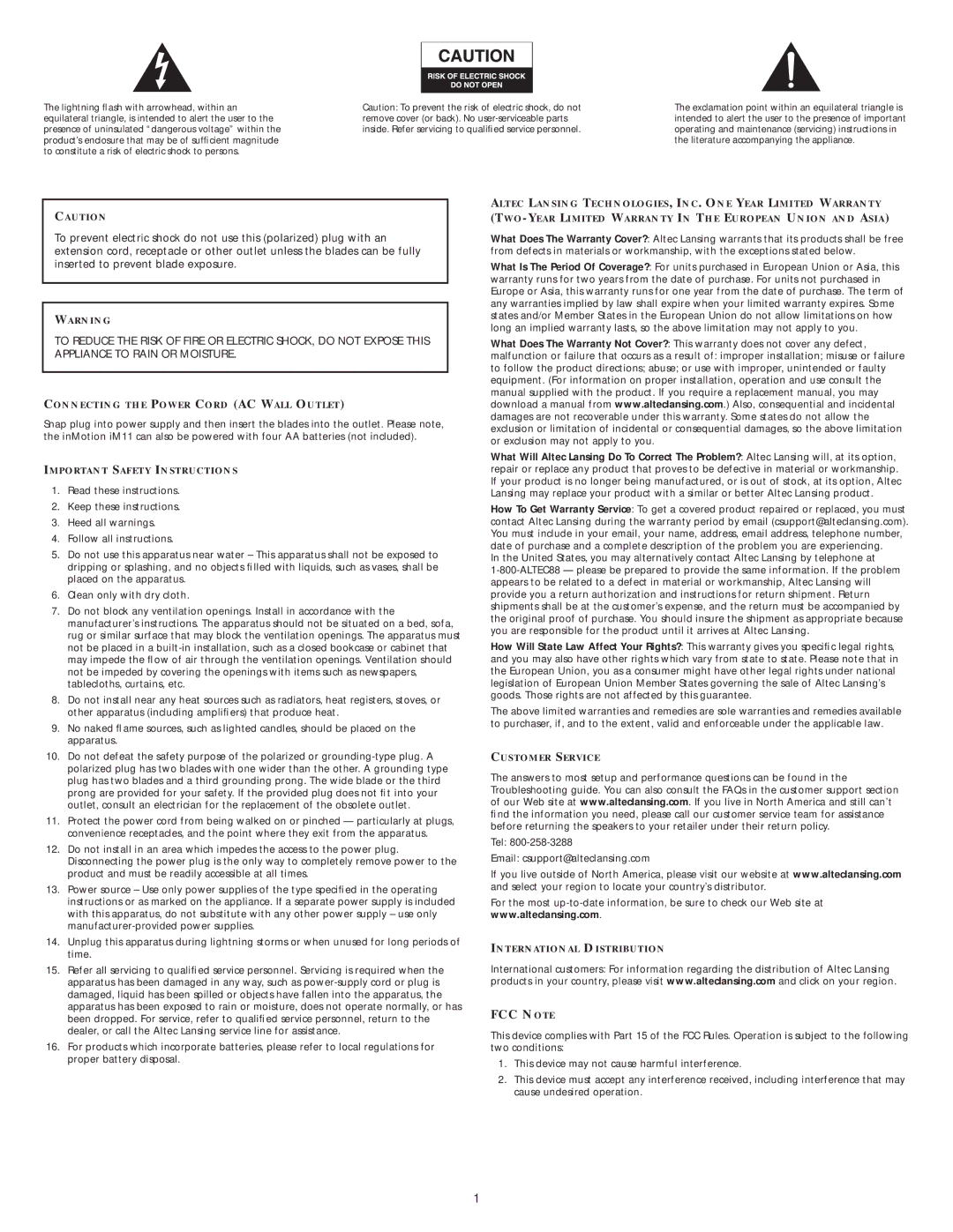 Altec Lansing IM11 manual FCC Note 