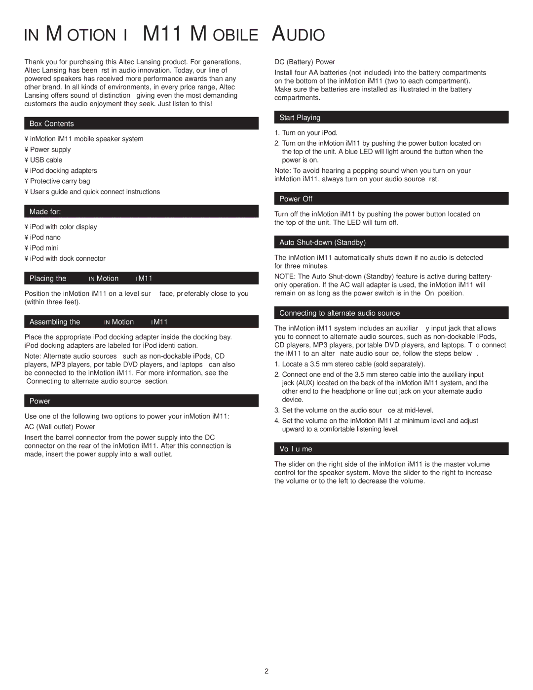 Altec Lansing Box Contents, Made for, Placing the INMotion IM11, Assembling the INMotion IM11, Power, Start Playing 
