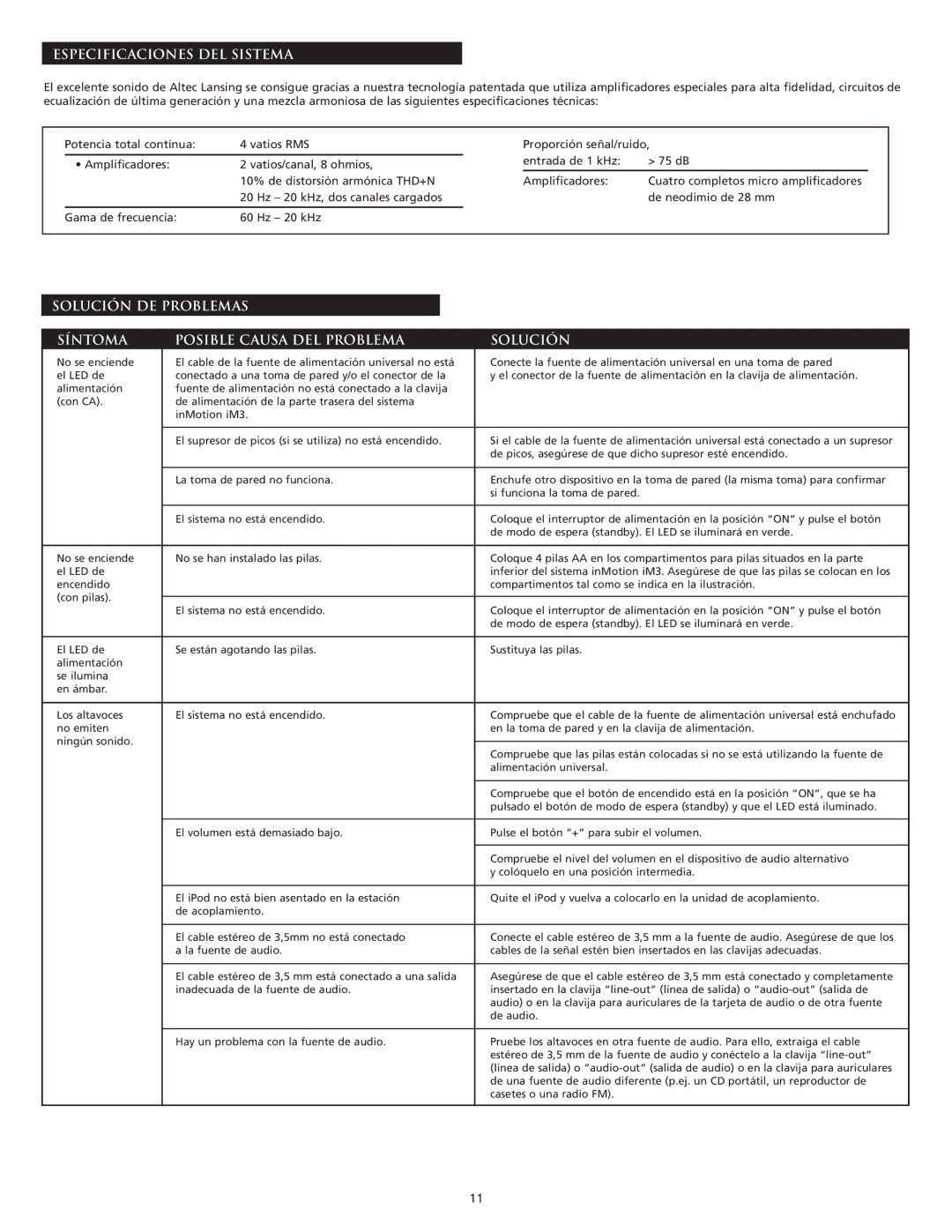 Altec Lansing iM3 manual Especificaciones DEL Sistema, Solución DE Problemas Síntoma Posible Causa DEL Problema 
