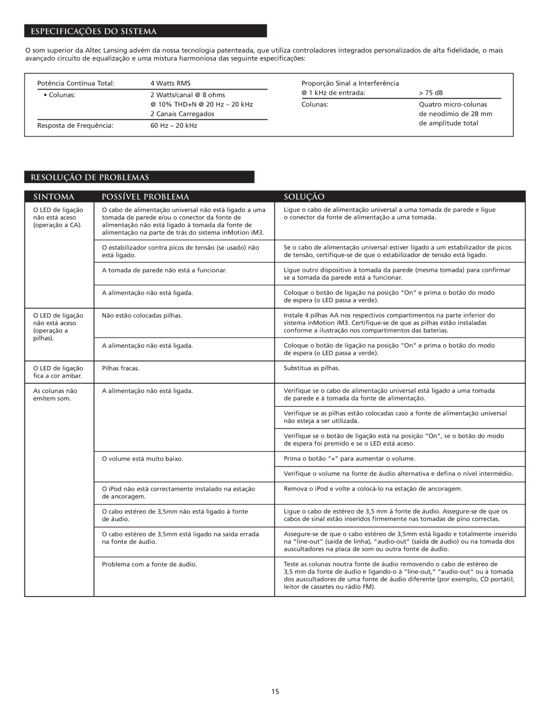 Altec Lansing iM3 manual Especificações do Sistema, Resolução DE Problemas Sintoma Possível Problema Solução 