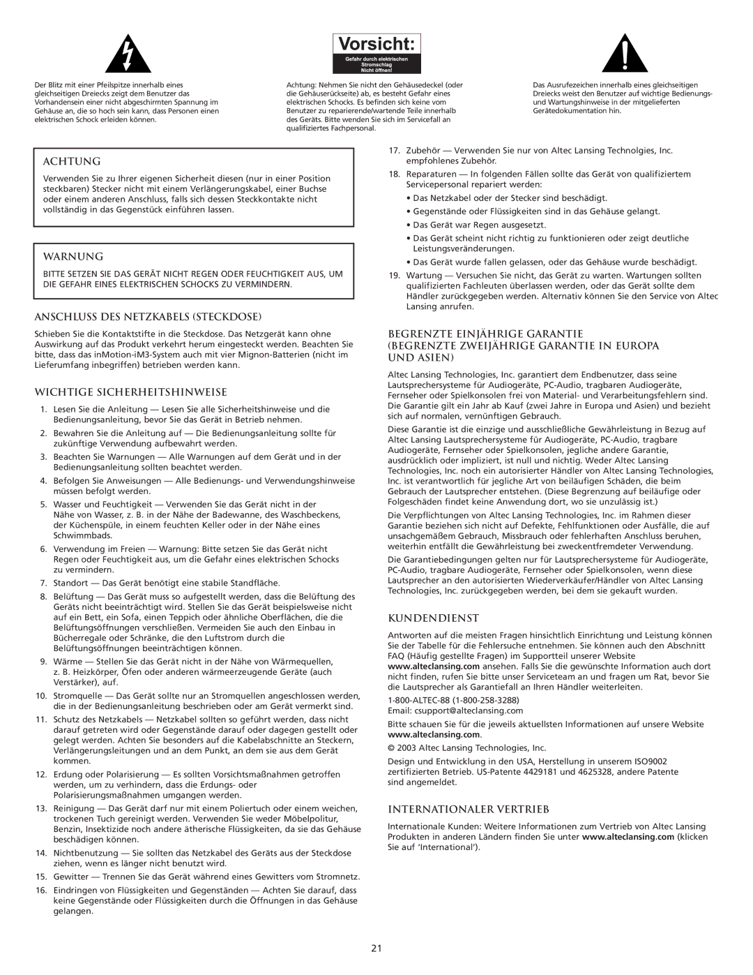 Altec Lansing iM3 manual Achtung, Warnung, Anschluss DES Netzkabels Steckdose, Wichtige Sicherheitshinweise, Kundendienst 