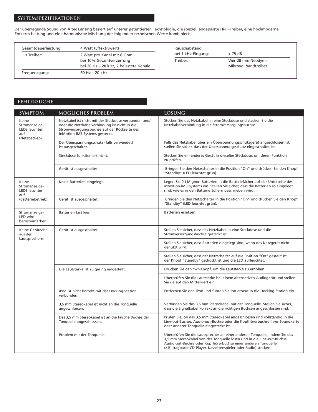 Altec Lansing iM3 manual Systemspezifikationen, Fehlersuche Symptom Mögliches Problem Lösung 