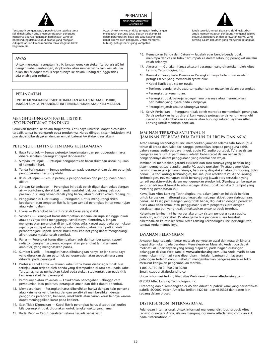 Altec Lansing iM3 manual Awas, Peringatan, Menghubungkan Kabel Listrik Stopkontak AC Dinding, Layanan Pelanggan 