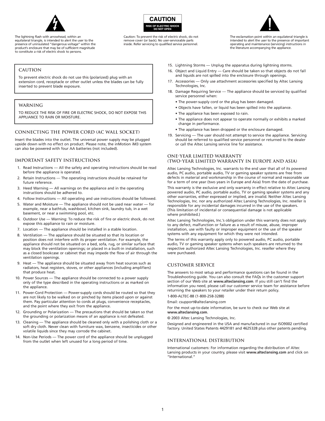 Altec Lansing iM3 manual Connecting the Power Cord AC Wall Socket, Important Safety Instructions, Customer Service 