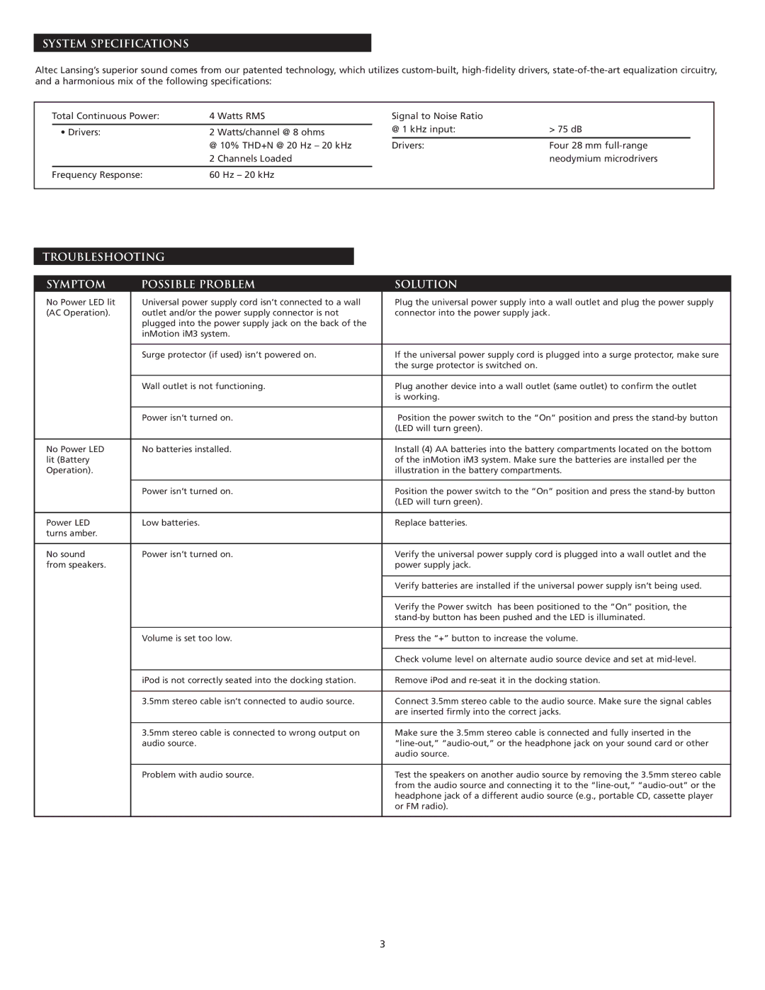 Altec Lansing iM3 manual System Specifications, Troubleshooting Symptom Possible Problem Solution 
