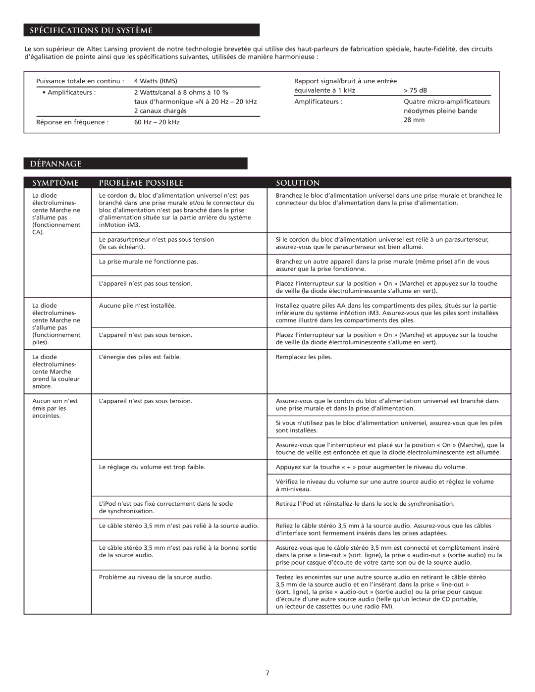 Altec Lansing iM3 manual Spécifications DU Système, Dépannage Symptôme Problème Possible Solution 