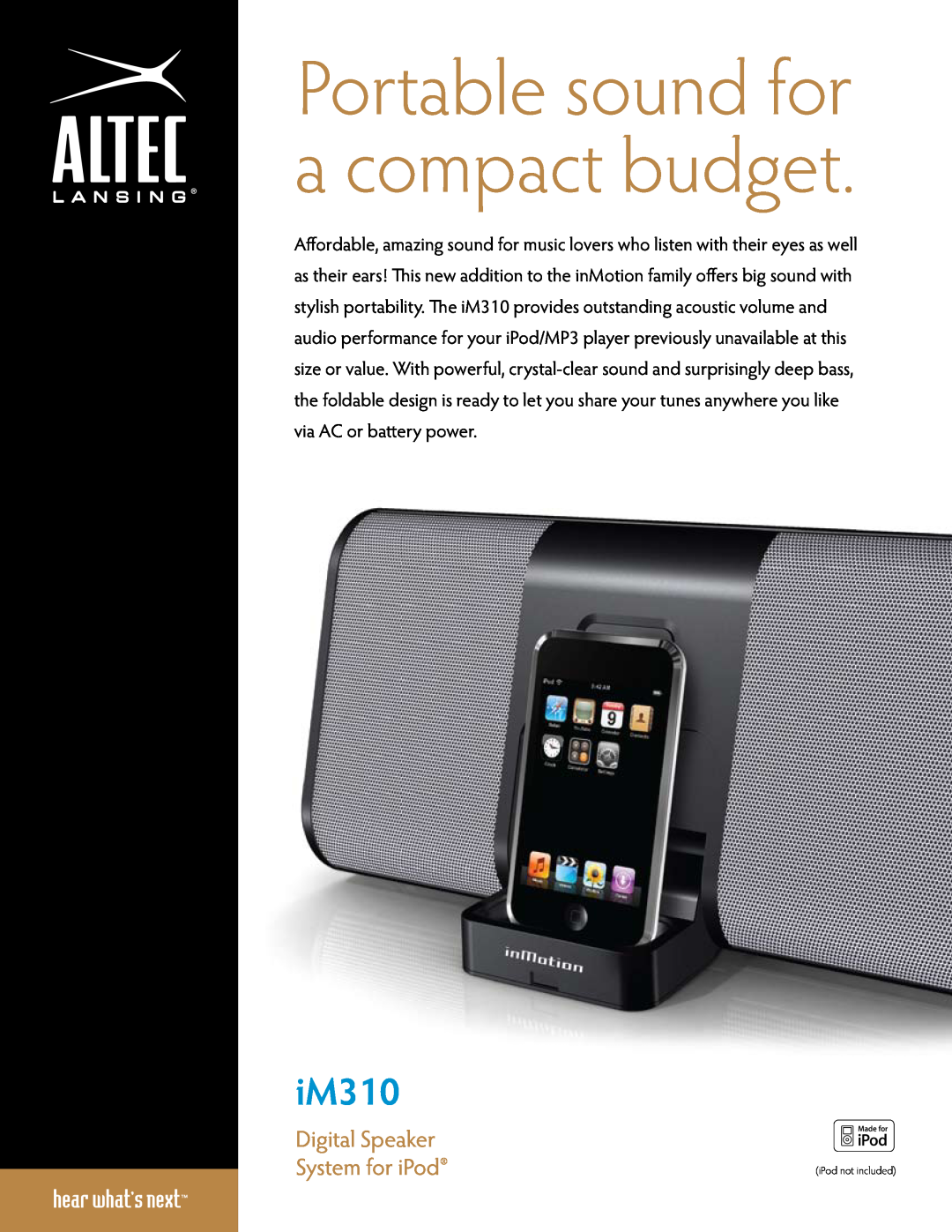 Altec Lansing iM310 manual Portable sound for a compact budget, Digital Speaker System for iPod 
