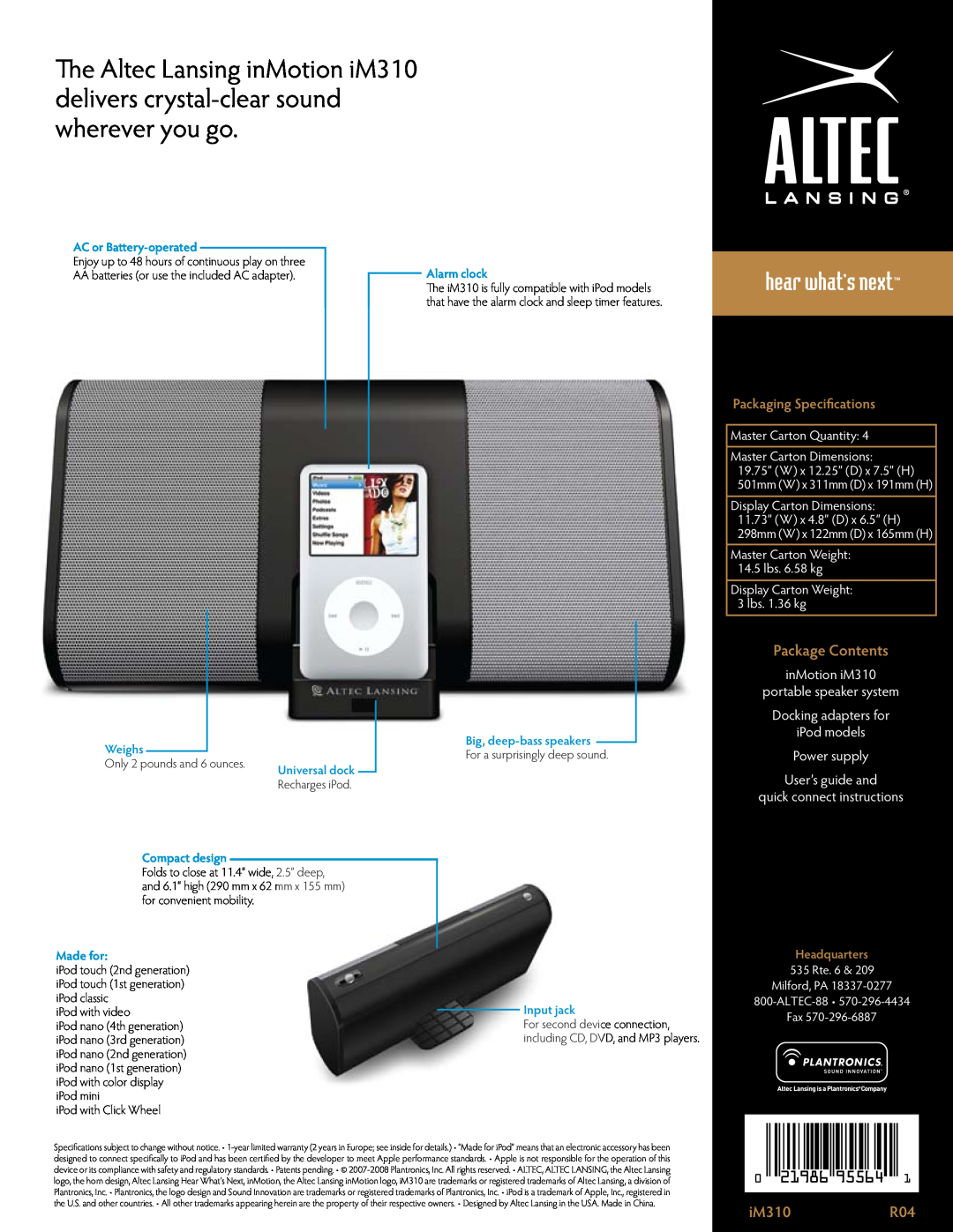 Altec Lansing Package Contents, iM310R04, Packaging Specifications, inMotion iM310 portable speaker system, Made for 