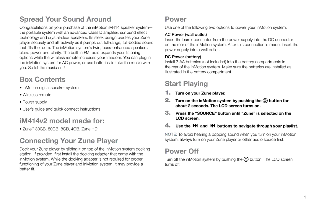 Altec Lansing IM414V2 Spread Your Sound Around, Box Contents, IM414v2 model made for, Connecting Your Zune Player, Power 