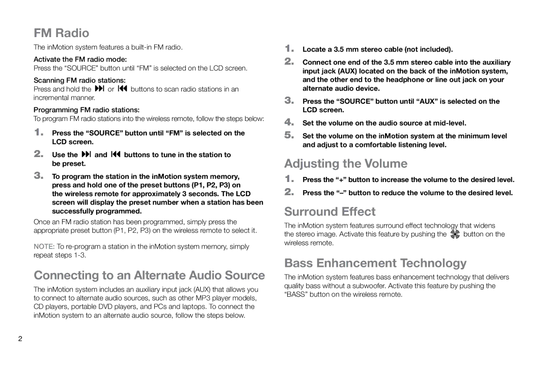 Altec Lansing IM414V2 manual FM Radio, Connecting to an Alternate Audio Source, Adjusting the Volume, Surround Effect 