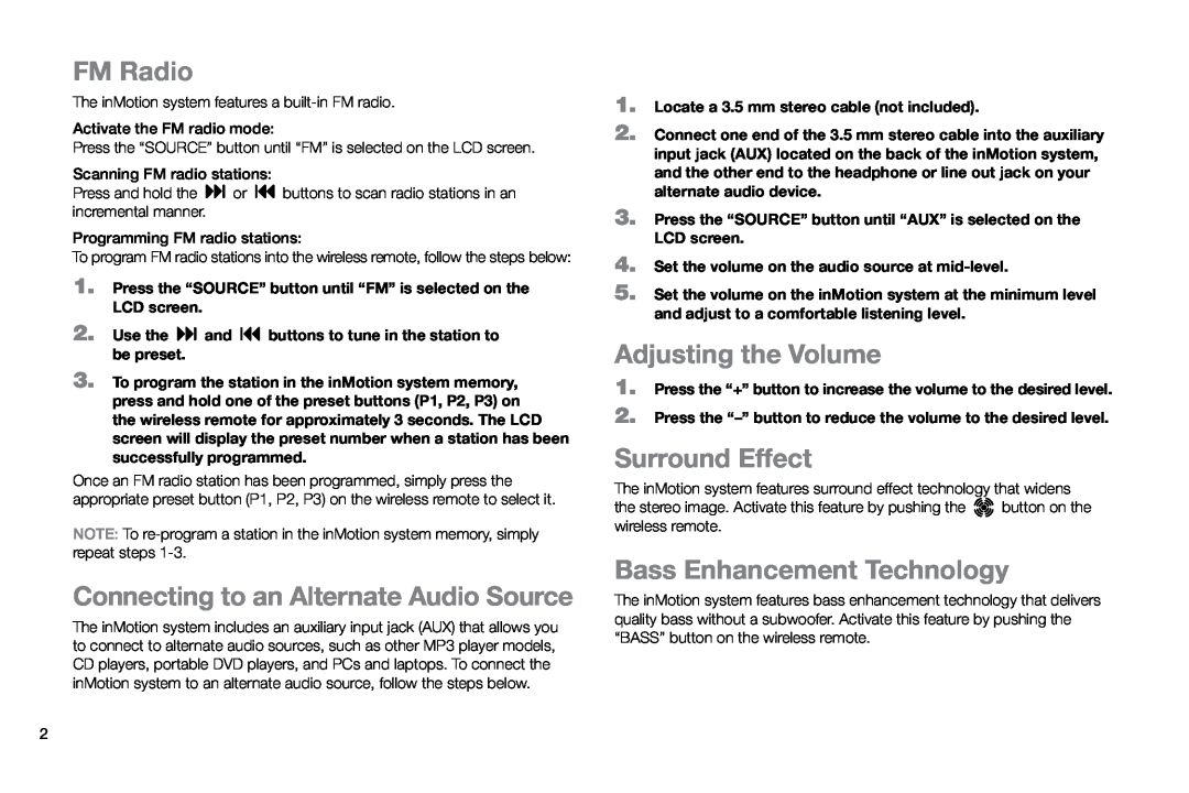 Altec Lansing IM414V2 manual FM Radio, Connecting to an Alternate Audio Source, Adjusting the Volume, Surround Effect 