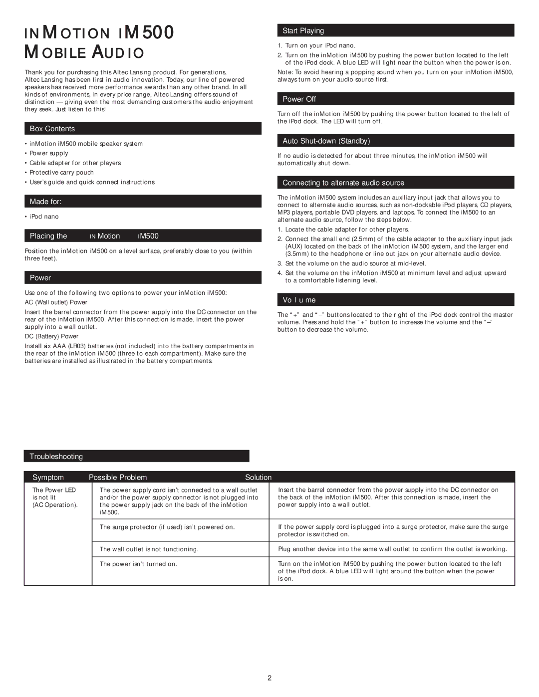 Altec Lansing im500 manual Inmotion IM500 Mobile Audio 