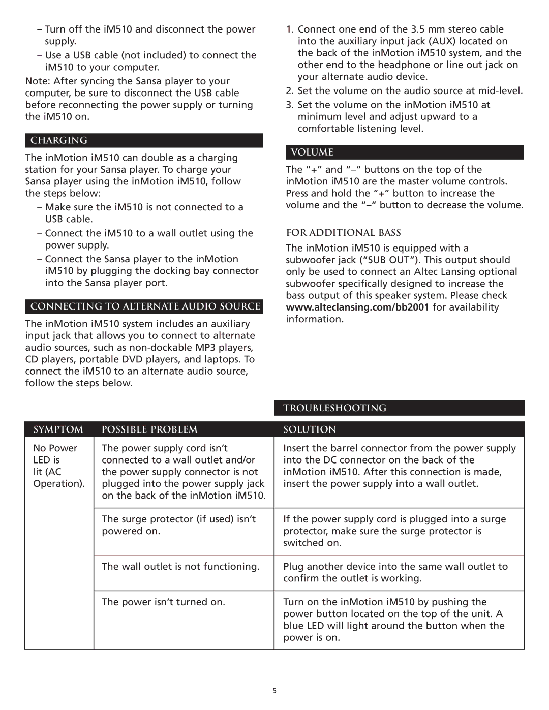 Altec Lansing iM510 manual Charging 