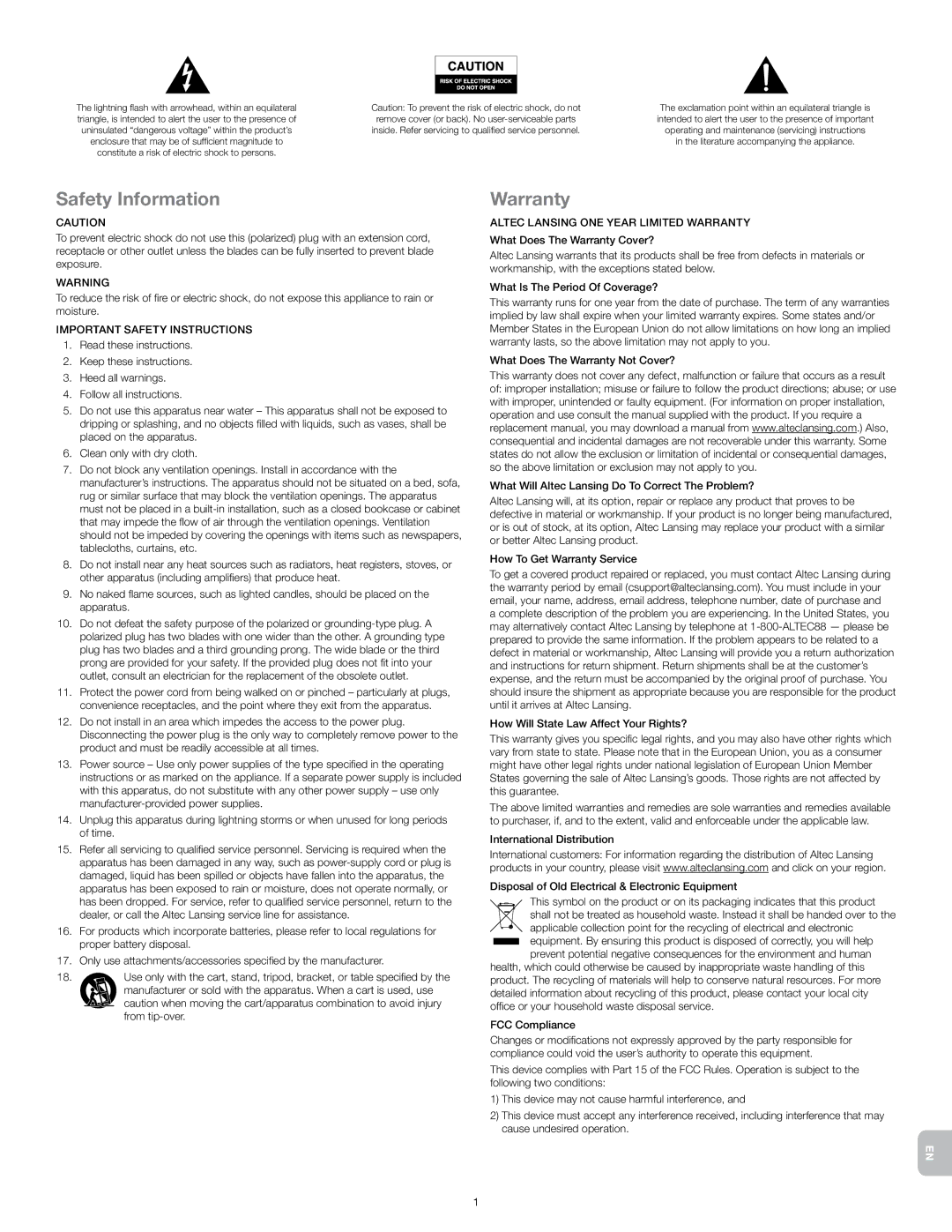 Altec Lansing IM600USB manual Safety Information, Warranty 