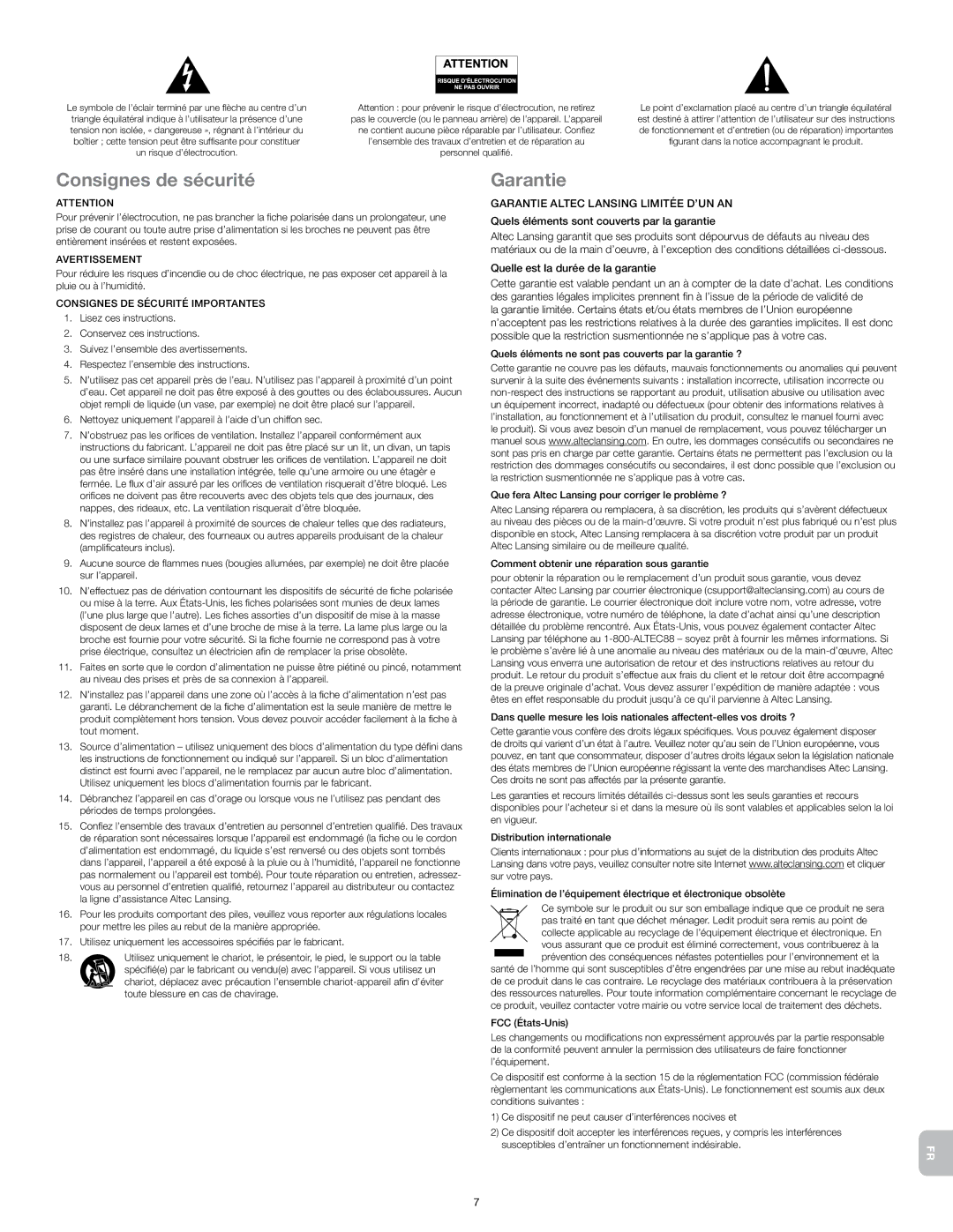 Altec Lansing IM600USB manual Consignes de sécurité, Garantie 