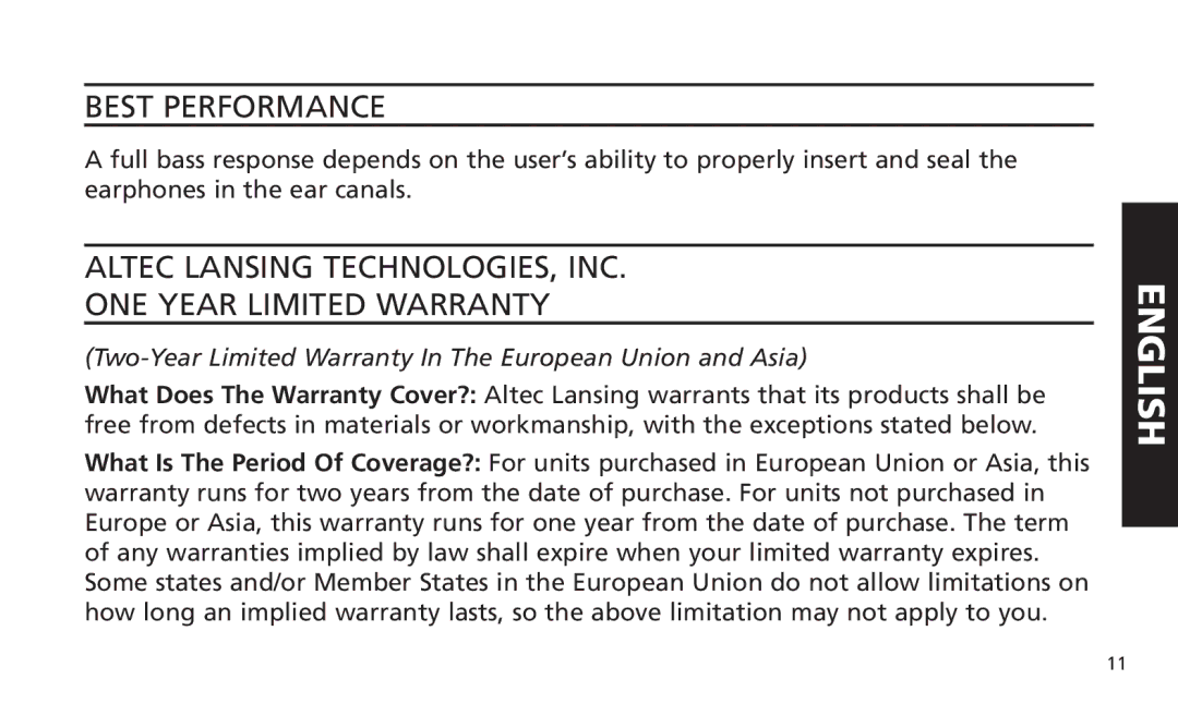 Altec Lansing iM616 manual Best Performance, Altec Lansing TECHNOLOGIES, INC ONE Year Limited Warranty 