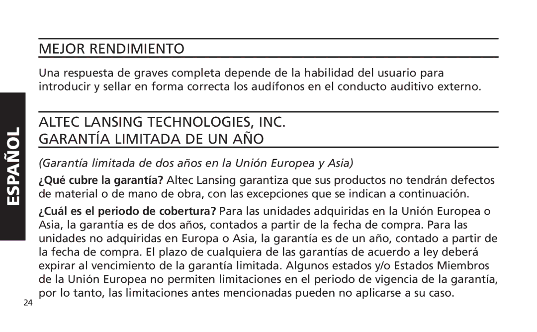 Altec Lansing iM616 manual Mejor Rendimiento, Altec Lansing TECHNOLOGIES, INC Garantía Limitada DE UN AÑO 