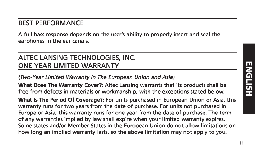 Altec Lansing iM616 manual Best Performance, Altec Lansing Technologies, Inc, One Year Limited Warranty, English 