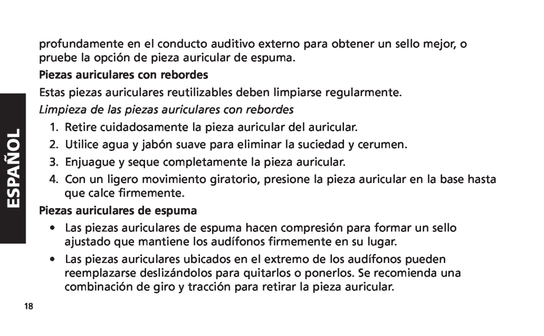 Altec Lansing iM616 manual Limpieza de las piezas auriculares con rebordes, Español, Piezas auriculares con rebordes 