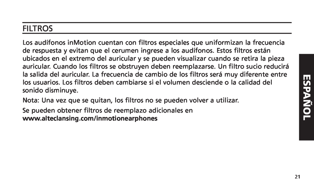 Altec Lansing iM616 manual Filtros, Español 