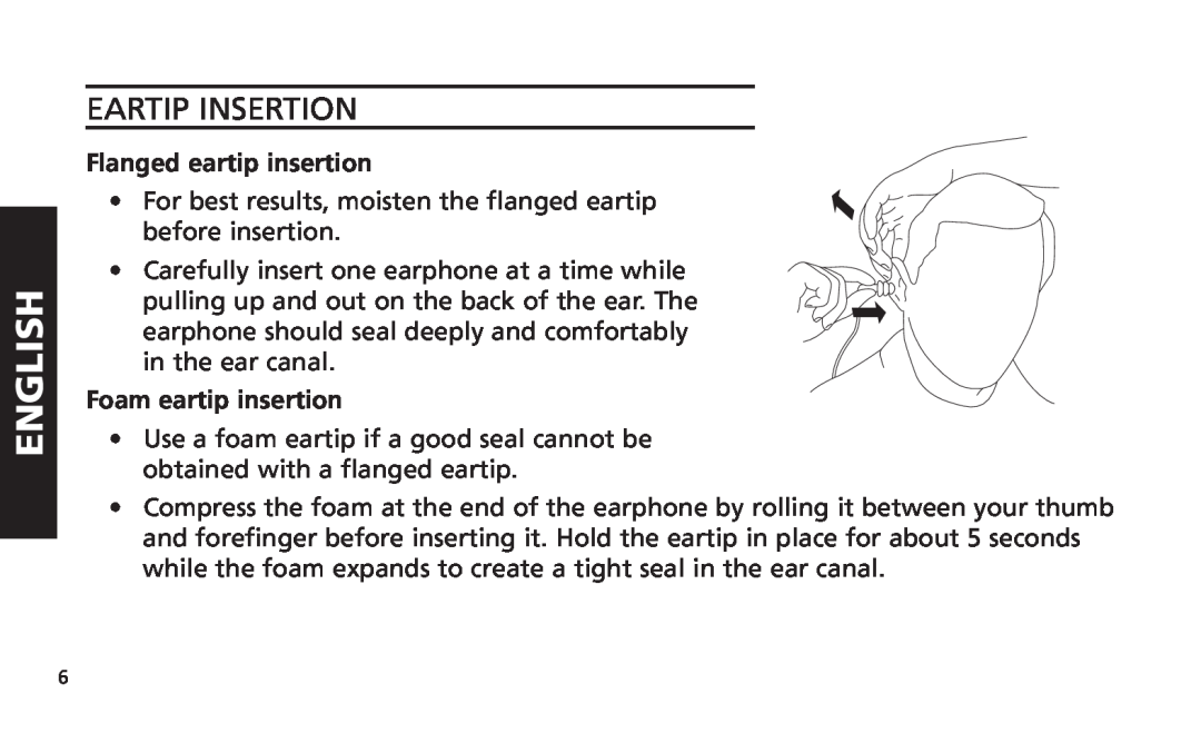 Altec Lansing iM616 manual Eartip Insertion, English, Flanged eartip insertion, Foam eartip insertion 