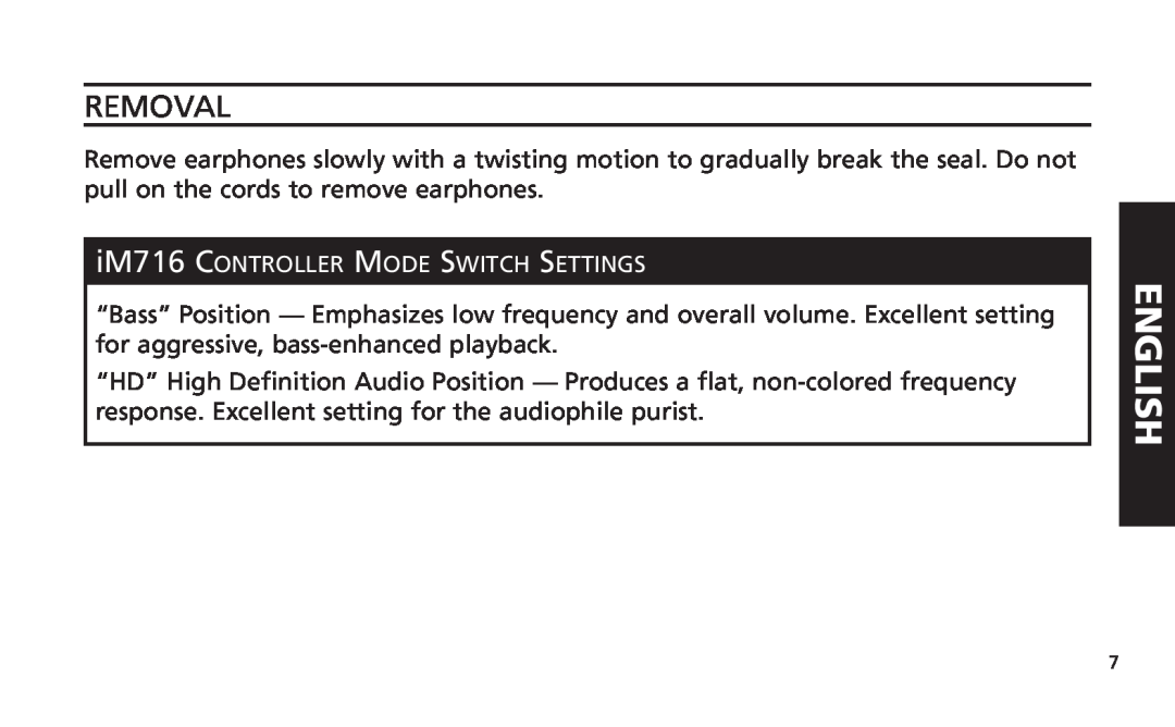 Altec Lansing iM616 manual Removal, English, iM716 CONTROLLER MODE SWITCH SETTINGS 
