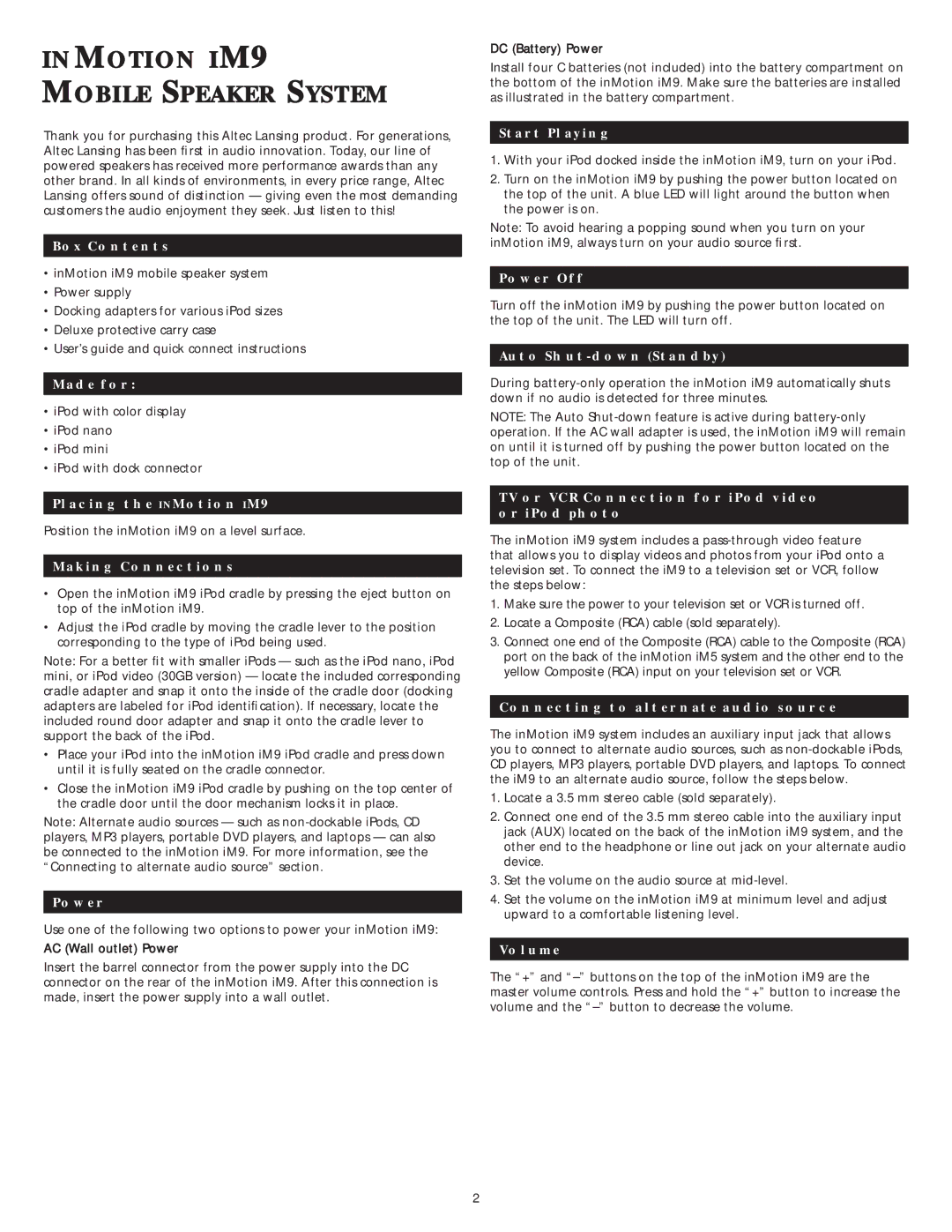 Altec Lansing manual Box Contents, Made for, Start Playing, Power Off, Auto Shut-down Standby, Placing the INMotion IM9 