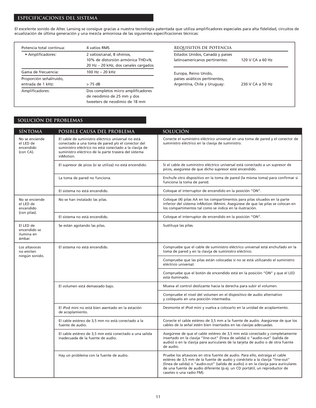 Altec Lansing iMmini manual Especificaciones DEL Sistema, Solución DE Problemas Síntoma Posible Causa DEL Problema 