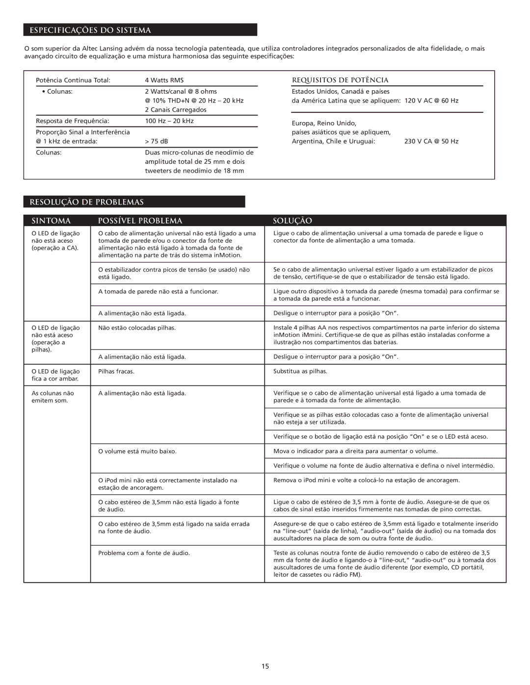 Altec Lansing iMmini manual Especificações do Sistema, Resolução DE Problemas Sintoma Possível Problema Solução 